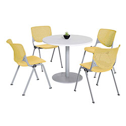 KFI Seating Pedestal Table with Four Yellow Kool Series Chairs, Round, 36 in Dia x 29h, Designer White