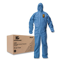 KleenGuard™ A20 Breathable Particle Protection Coveralls, Zip Front, Hood, Elastic Back, Wrists, Ankles, 4X-Large, Blue, 20/Carton