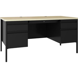 Lorell Fortress Double-pedestal Teacher's Desk, 60 in x 29.5 in x 30 in , 0.8 in Modesty Panel, Double Pedestal, T-mold Edge, Material: Steel, Laminate Surface, Finish: Maple, Black