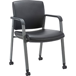 Lorell Healthcare Guest Chair with Casters - Vinyl Seat - Vinyl Back - Steel Frame - Square Base - Black - Armrest