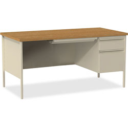 Lorell Single Pedestal Desk, RH, 66 in x 30 in x 29-1/2 in, Putty Oak