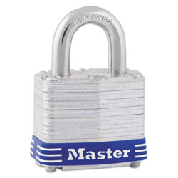 Master Lock Company Four-Pin Tumbler Lock, Laminated Steel Body, 1 9/16 in Wide, Silver/Blue, Two Keys