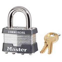 Master Lock Company No. 1 Laminated Steel Padlock, 5/16 in dia, 3/4 in W x 15/16 in H Shackle, Silver/Gray, Keyed Alike, Keyed 0303