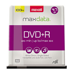 Maxell DVD+R Discs, 4.7GB, 16x, Spindle, Silver, 100/Pack