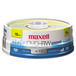 Maxell DVD-RW Discs, 4.7GB, 2x, Spindle, Gold, 15/Pack