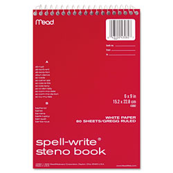 Mead Spell-Write Wirebound Steno Book, Gregg Rule, 6 x 9, White, 80 Sheets