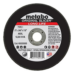 Metabo Original Slicer Cutting Wheel, Type 1, 5 in Diameter, 0.045 in Thick, 60 Grit, Alum Oxide