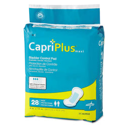 Medline Capri Plus Bladder Control Pads, Ultra Plus, 8 in x 17 in, 28/Pack, 6/Carton