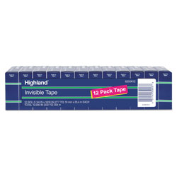 Highland Invisible Permanent Mending Tape, 1 in Core, 0.75 in x 83.33 ft, Clear, 12/Pack