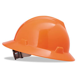 MSA V-Gard Full-Brim Hard Hats, Ratchet Suspension, Size 6 1/2 - 8, High-Viz Orange