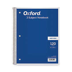 Oxford Coil-Lock Wirebound Notebooks, 3-Hole Punched, 3-Subject, Wide/Legal Rule, Randomly Assorted Covers, (120) 10.5 x 8 Sheets