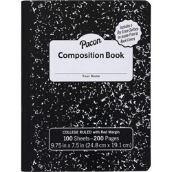 Pacon Marble Hard Cover College Rule Composition Book, 9.75 in x 7.5 in, Black Cover Marble