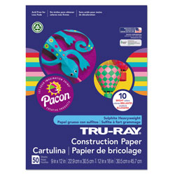 Pacon Tru-Ray Construction Paper, 76 lbs., 9 x 12, Assorted, 50 Sheets/Pack (PAC102940)