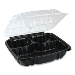 Pactiv EarthChoice Dual Color Hinged-Lid Takeout Container, 3-Compartment, 34 oz, 10.5 x 9.5 x 3, Black/Clear, 132/Carton