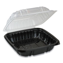 Pactiv EarthChoice Dual Color Hinged-Lid Takeout Container, 1-Compartment, 28 oz, 7.5 x 7.5 x 3, Black/Clear, 150/Carton