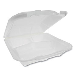 Pactiv Foam Hinged Lid Containers, Dual Tab Lock Economy, 9.13 x 9 x 3.25, 3-Compartment, White, 150/Carton