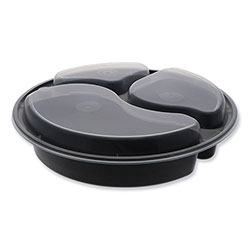 Pactiv Newspring VERSAtainer Microwavable Containers, Round, 3-Compartment, 39 oz, 9 x 9 x 2.25, Black/Clear, Plastic, 150/Carton