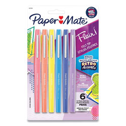 Papermate® Flair Felt Tip Stick Porous Point Pen with Retro Accents, Medium 0.7 mm, Assorted Color Ink/Barrel, 6/Pack