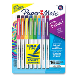 Papermate® Flair Felt Tip Porous Point Pen, Stick, Bold 1.2 mm, Assorted Ink Colors, White Pearl Barrel, 16/Pack