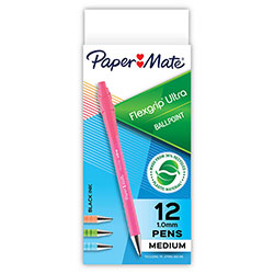 Papermate® FlexGrip Ultra Recycled Ballpoint Pen, Retractable, Medium, 1 mm, Black Ink, Assorted Barrels, Dozen