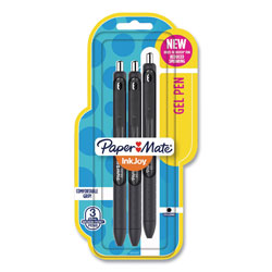 Papermate® InkJoy Gel Pen, Retractable, Medium 0.7 mm, Black Ink, Black Barrel, 3/Pack