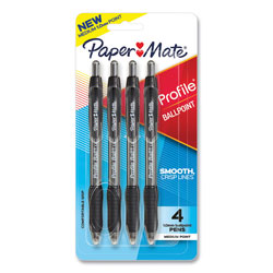 Papermate® Profile Ballpoint Pen, Retractable, Medium 1 mm, Black Ink, Translucent Black Barrel, 4/Pack