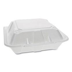 Pactiv Foam Hinged Lid Containers, Dual Tab Lock, 9.13 x 9 x 3.25, 3-Compartment, White, 150/Carton