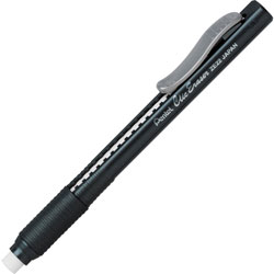Pentel Clic Erasers, Retractable, Pocket Clip, 12/BX, Black Barrel