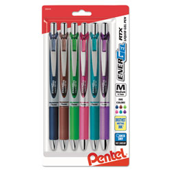 Pentel EnerGel RTX Retractable Gel Pen, Medium 0.7mm, Assorted Ink/Barrel, 6/Pack