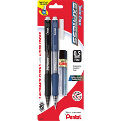 Pentel Mechanical Pencil, Refillable Lead/Eraser, .5mm, 2/PK, BK/BE