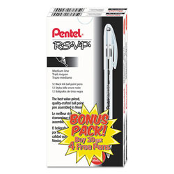 Pentel R.S.V.P. Stick Ballpoint Pen Value Pack, 1mm, Black Ink, Clear/Black Barrel, 24/Pack