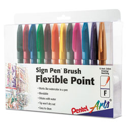 Pentel Sign Pen Flexible Point Marker Pen, Fine Brush Tip, Assorted Colors, Dozen