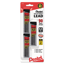 Pentel Super Hi-Polymer Lead Refills, 0.5 mm, HB, Black, 30/Tube, 3 Tubes/Pack (PENC25BPHB3K6)