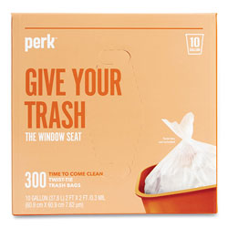 Perk™ Twist-Tie Light-Duty Can Liners, 10 gal, 0.36 mil, 24 in x 24 in, Clear, 300/Box