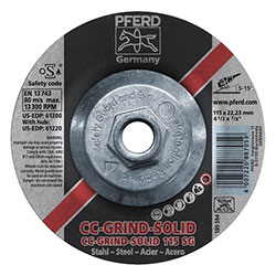 Pferd CC Grind Solid Steel Grinding Discs, Ceramic, 4 1/2in Dia, 5/8 in Arbor, 24 Grit