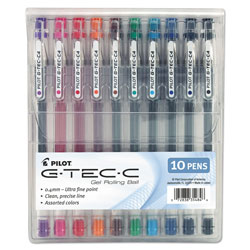 Pilot G-TEC-C Ultra Stick Gel Pen, Ultra-Fine 0.4mm, Assorted Ink, Clear Barrel, 10/Pack