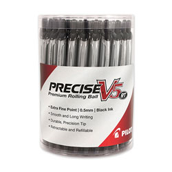 Pilot Precise V5RT Retractable Roller Ball Pen, Extra-Fine 0.5 mm, Black Ink, Black/Silver Barrel, 30/Pack