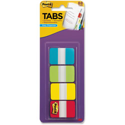 Post-it® 1 in Wide Tabs with Dispenser, Aqua, Lime, Red, Yellow, 88/Pack