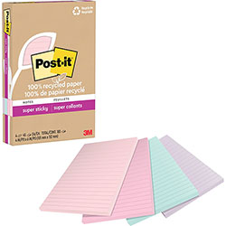 Post-it® 100% Recycled Paper Super Sticky Notes, Ruled, 4 in x 6 in, Wanderlust Pastels, 45 Sheets/Pad, 4 Pads/Pack