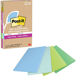 Post-it® 100% Recycled Paper Super Sticky Notes, Ruled, 4 in x 6 in, Oasis, 45 Sheets/Pad, 4 Pads/Pack