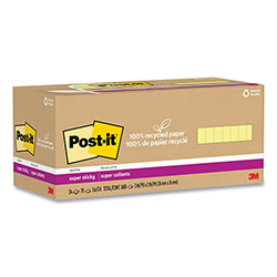 Post-it® 100% Recycled Paper Super Sticky Notes, 3 in x 3 in, Canary Yellow, 70 Sheets/Pad, 24 Pads/Pack