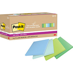 Post-it® 100% Recycled Paper Super Sticky Notes, 3 in x 3 in, Oasis, 70 Sheets/Pad, 24 Pads/Pack
