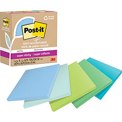 Post-it® 100% Recycled Paper Super Sticky Notes, 3 in x 3 in, Oasis, 70 Sheets/Pad, 5 Pads/Pack