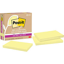 Post-it® 100% Recycled Paper Super Sticky Notes, 3 in x 5 in, Canary Yellow, 70 Sheets/Pad, 12 Pads/Pack
