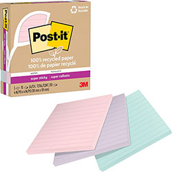 Post-it® 100% Recycled Paper Super Sticky Notes, Ruled, 4 in x 4 in, Wanderlust Pastels, 70 Sheets/Pad, 3 Pads/Pack