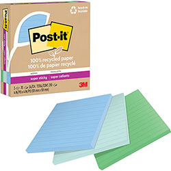 Post-it® 100% Recycled Paper Super Sticky Notes, Ruled, 4 in x 4 in, Oasis, 70 Sheets/Pad, 3 Pads/Pack