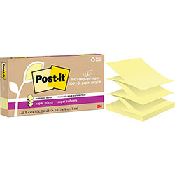Post-it® 100% Recycled Paper Super Sticky Notes, 3 in x 3 in, Canary Yellow, 70 Sheets/Pad, 6 Pads/Pack