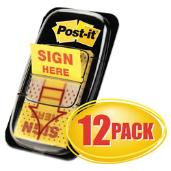 Post-it® Arrow Message 1 in Page Flags, Sign Here, Yellow, 50/Dispenser, 12 Dispensers/PK