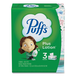 Puffs Plus Lotion Facial Tissue, White, 2-Ply, 124/Box, 3 Box/Pack, 8 Packs/Carton