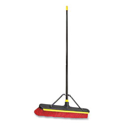 Quickie Bulldozer 2-in-1 Squeegee Pushbroom, 24 x 54, PET Bristles, Finished Steel Handle, Black/Red/Yellow